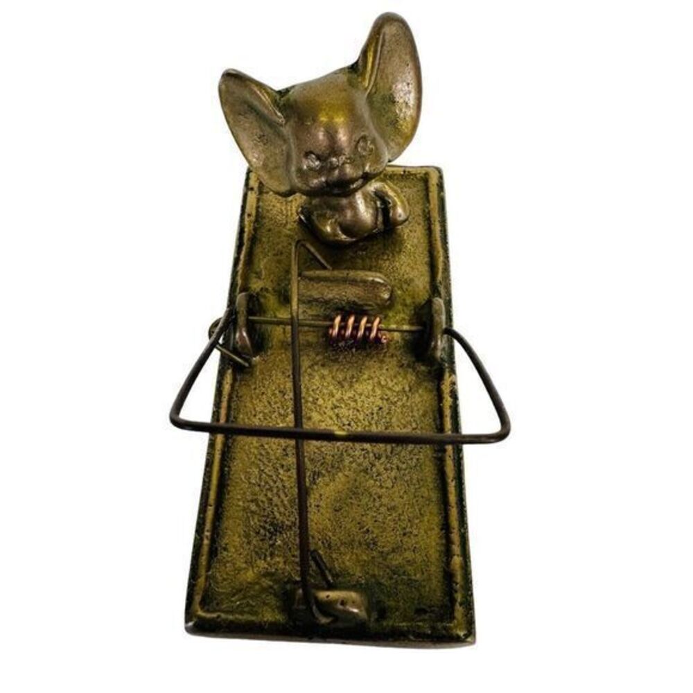 Vintage Early Enesco Brass‎ Mouse On Trap Figurine Paper Weight 3.5" x 1.5"